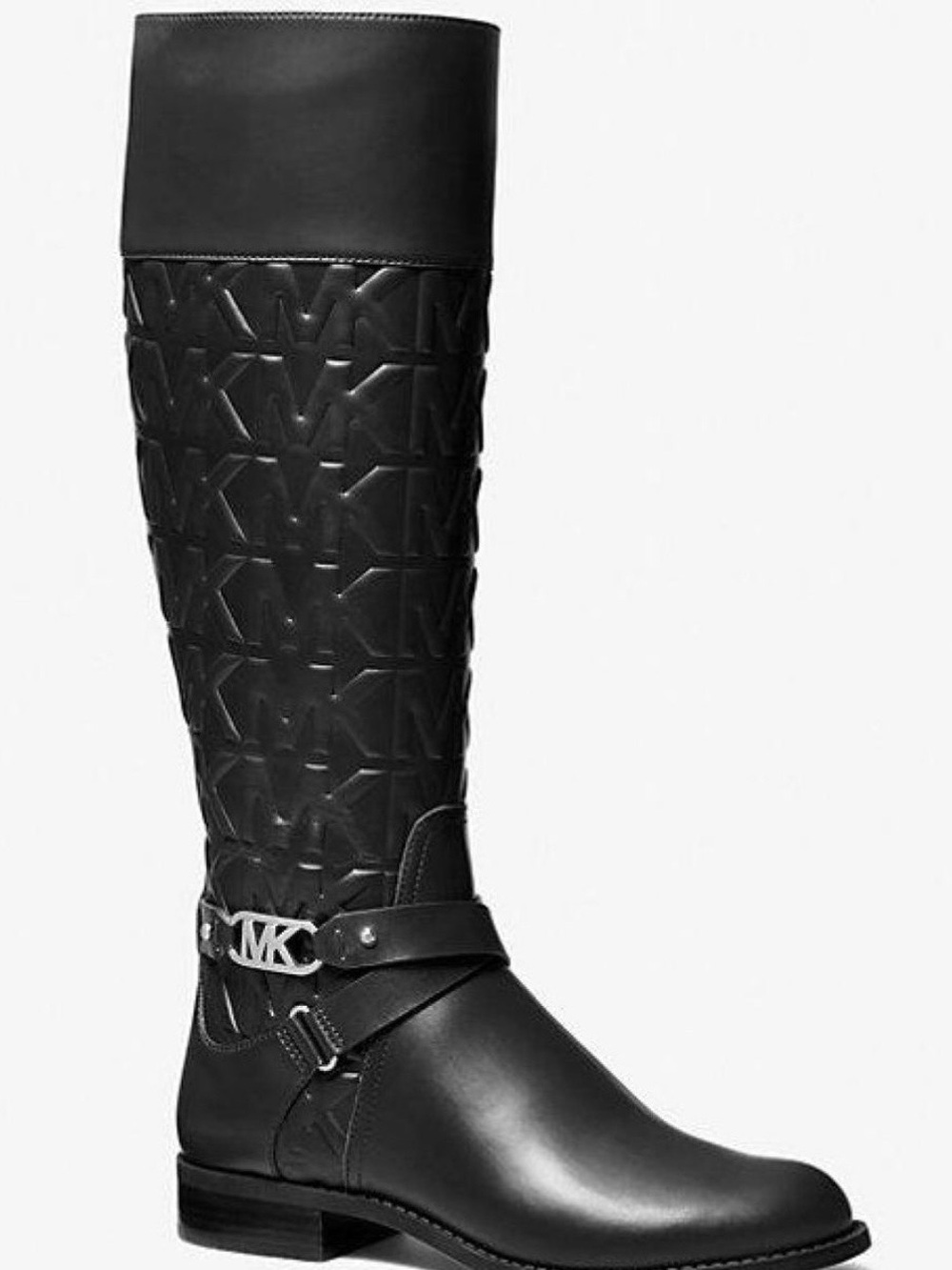 ✅ NEW ✅ Michael Kors Black Embossed MK Riding Boots with Signature Hardware - Picture 2 of 4